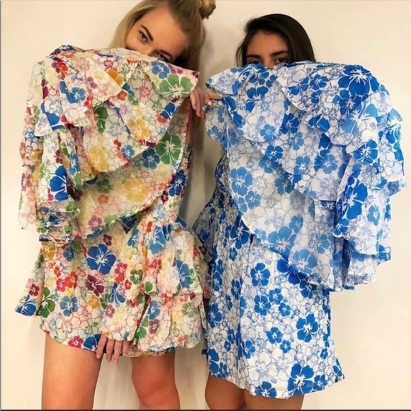 mochi Dresses & Skirts - Mochi Dress Women Small Floral Red Blue Yellow Smocked Flare Sleeve Off Shoulder
